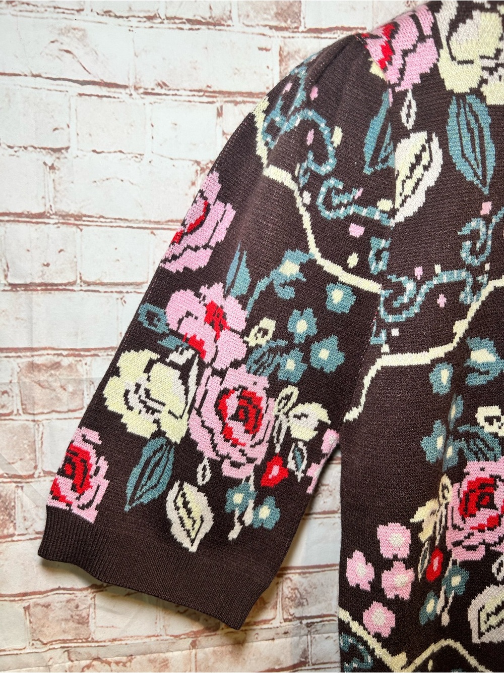 THML Brown Floral Jacquard Rose Short Sleeve Sweater Whimsical Preppy Top Size S - Picture 7 of 9